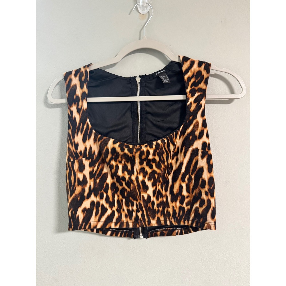 #8 Forever 21 Womens Leopard Print Crop Top Square Neck Back Zip Brown Black M